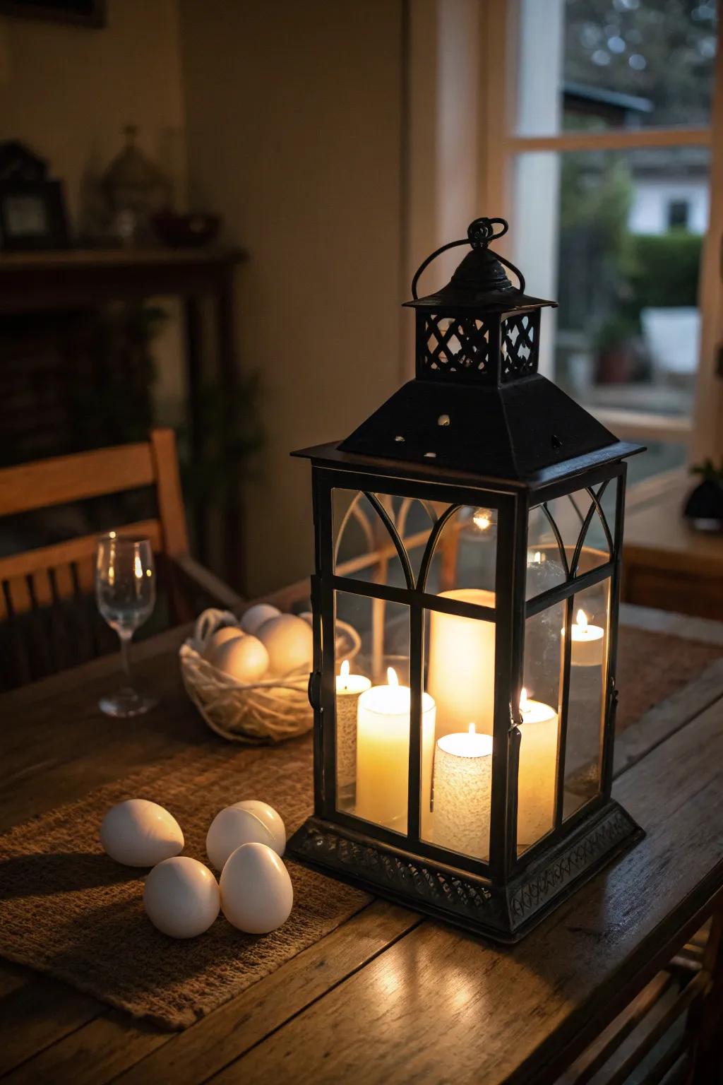 Eggshell candle holders offer a delicate and unique lantern display.