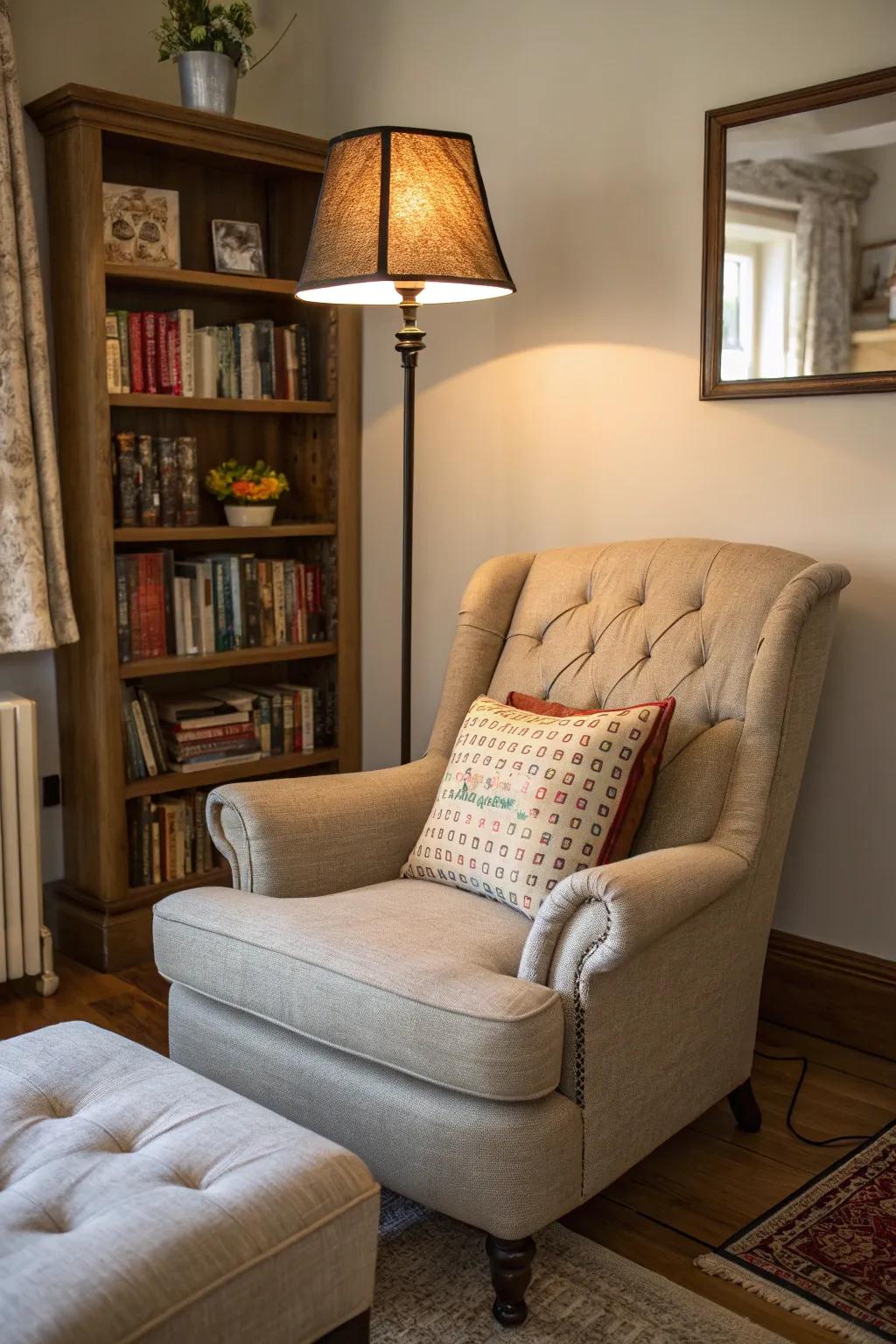 A reading corner invites relaxation.