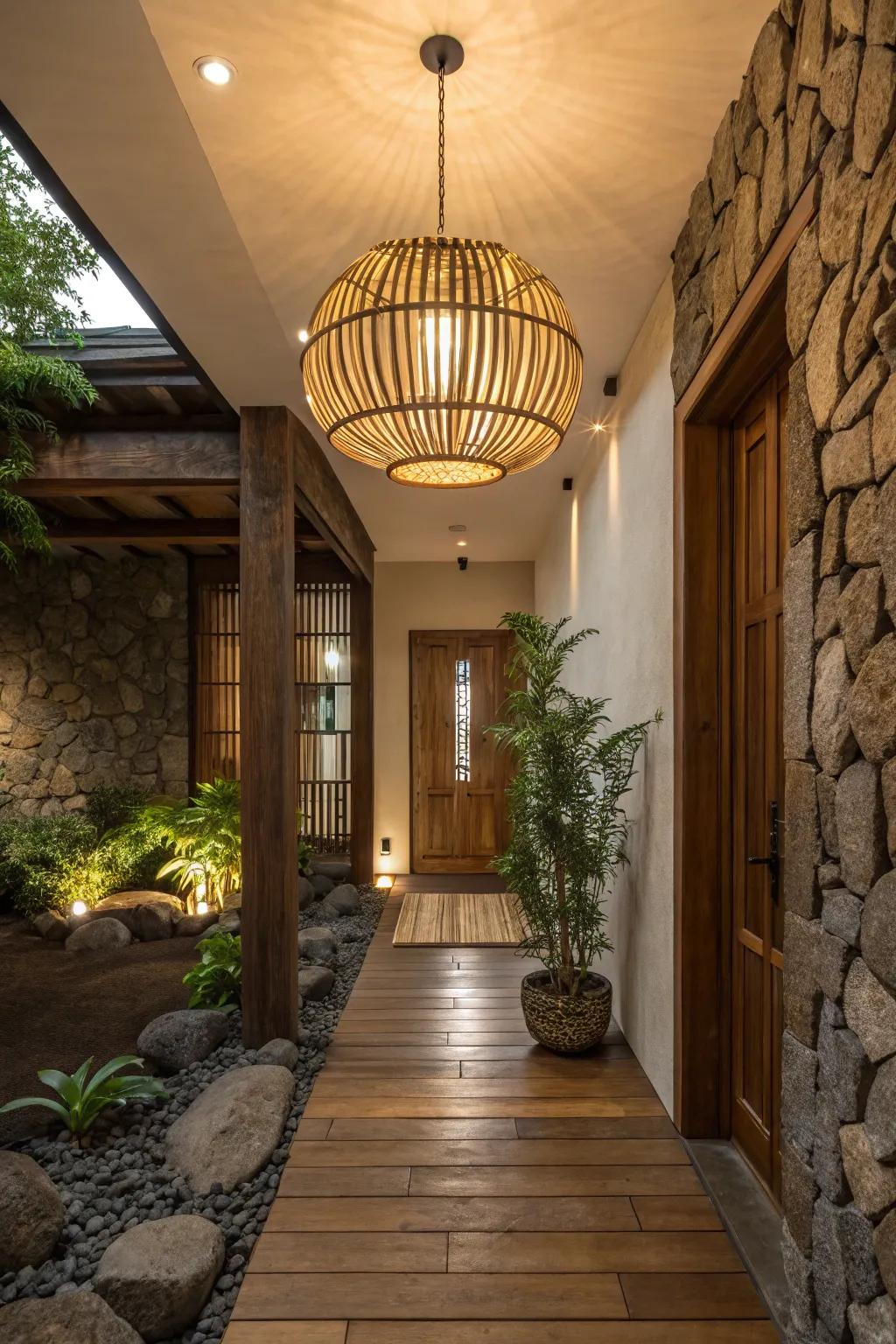 An entryway featuring a bamboo light fixture for an earthy and warm ambiance.