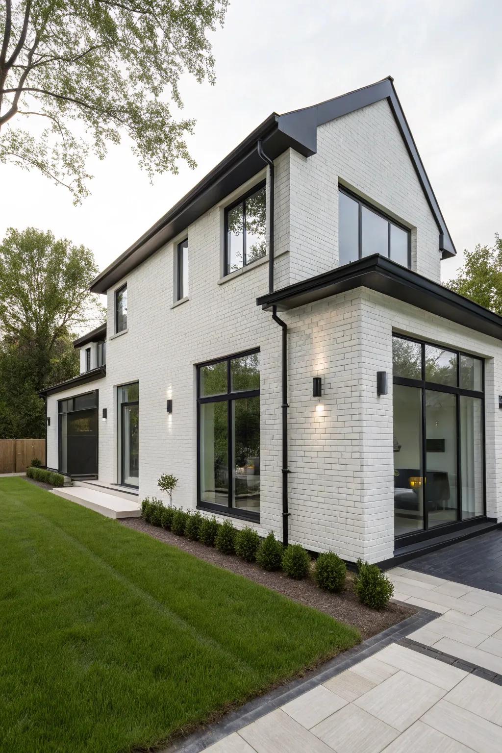 Striking contrast with white brick and black trim.