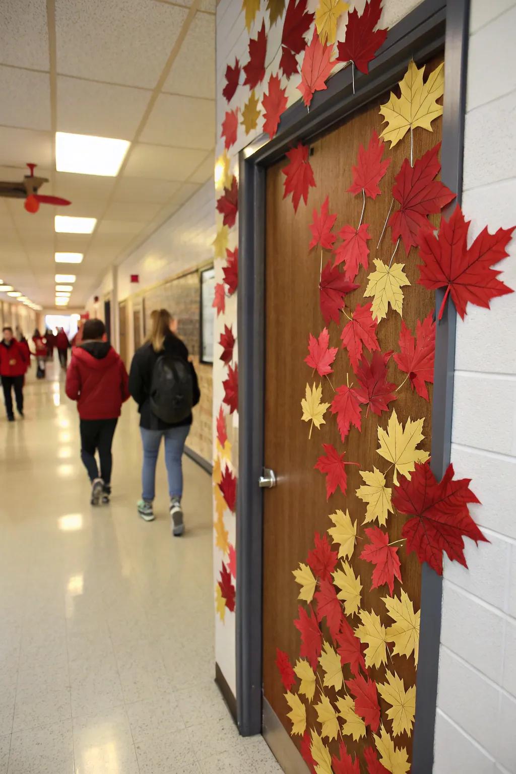 Maple leaf door decor in vibrant fall colors.