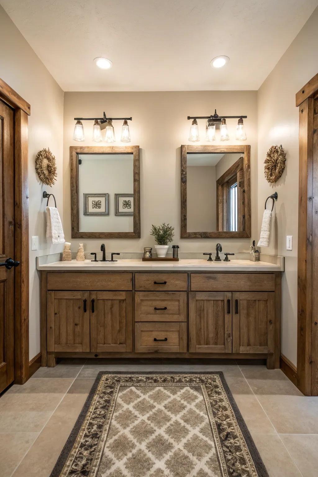 Symmetry creates balance and harmony in a farmhouse bathroom.