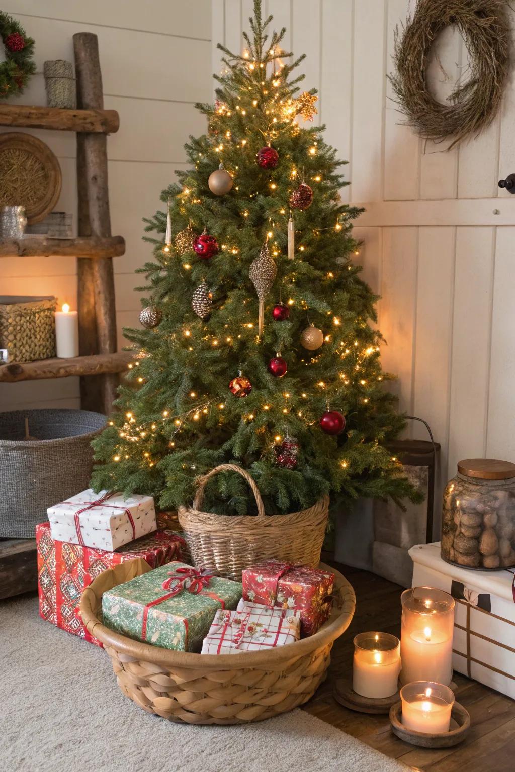 A basket collar offers a practical and stylish base for this tree.