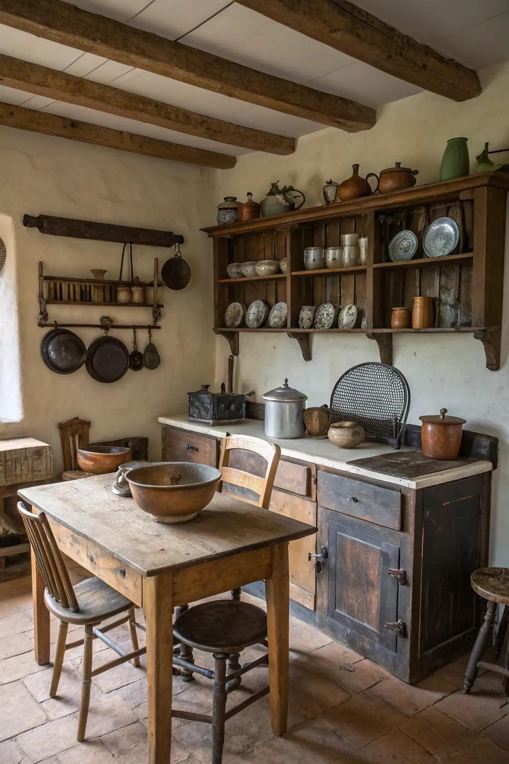 A farmhouse kitchen adorned with antique kitchen accessories.