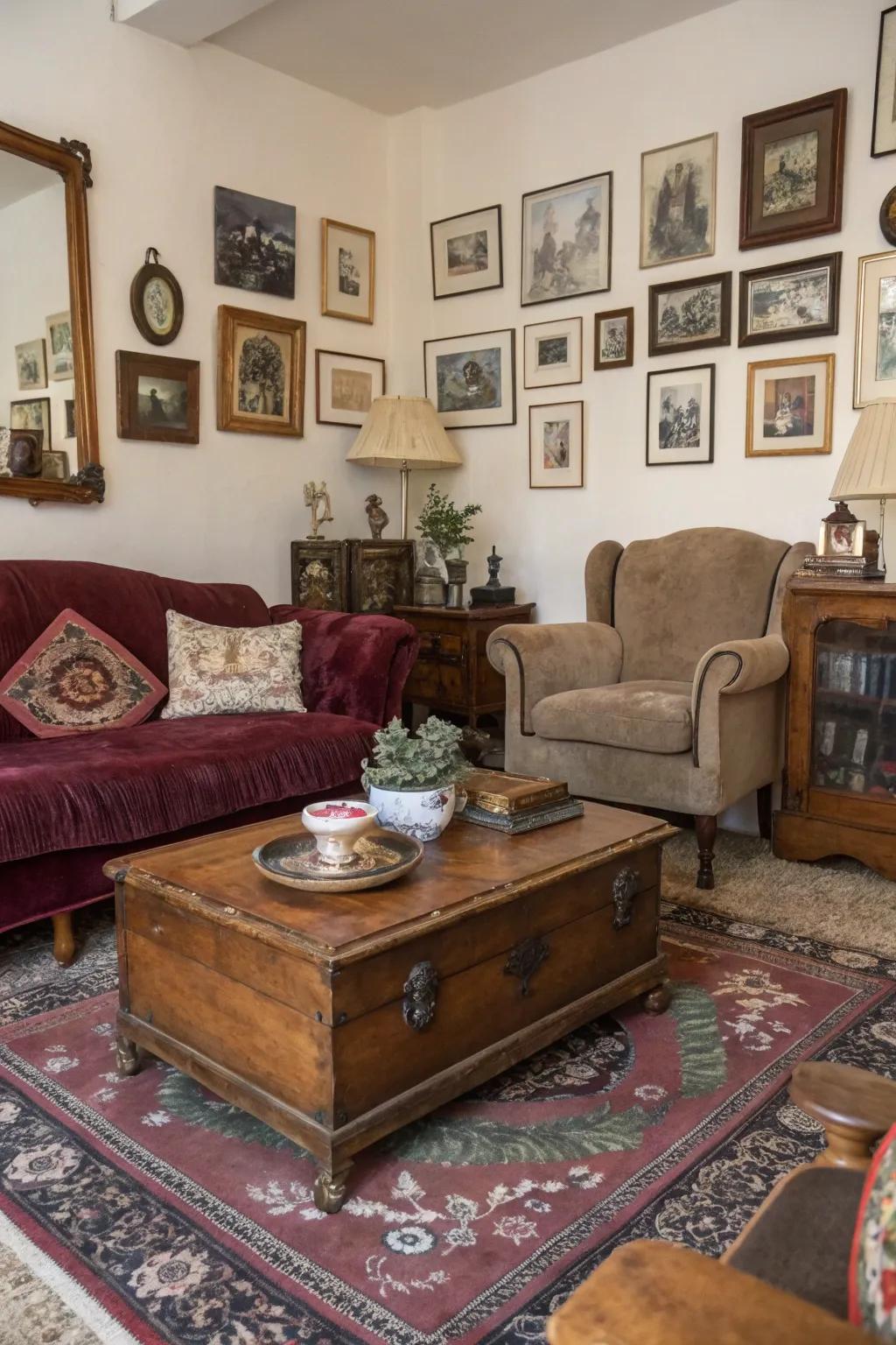 A living room enriched by charming vintage furniture and decor.