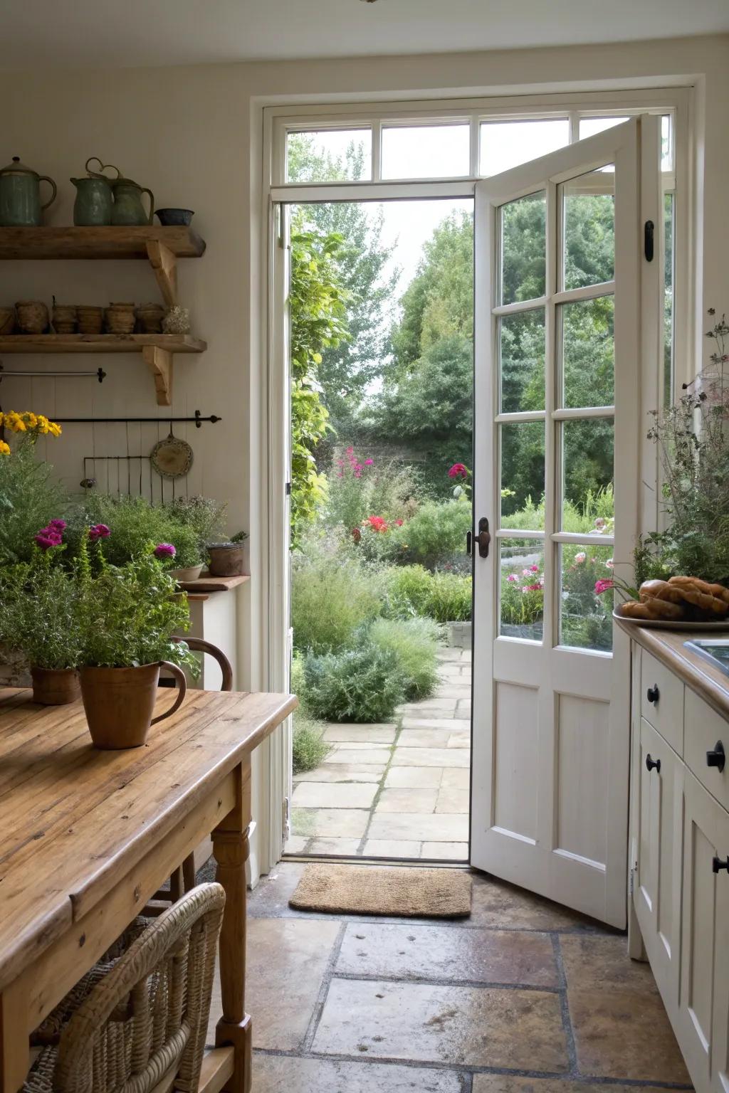 French doors connect kitchen to outdoor garden.