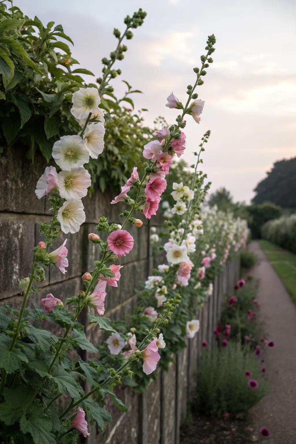 Hollyhocks adding cottage charm with pastel blooms.