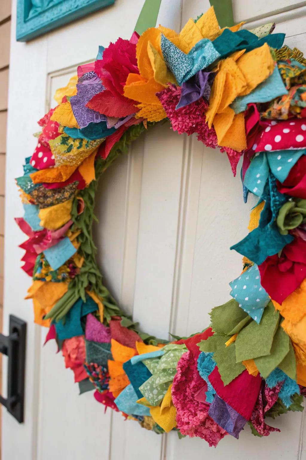 A recycled fabric wreath offering an eco-friendly and colorful design.