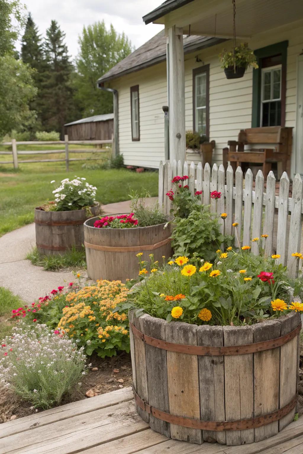 Wooden accents add warmth and charm to garden designs.