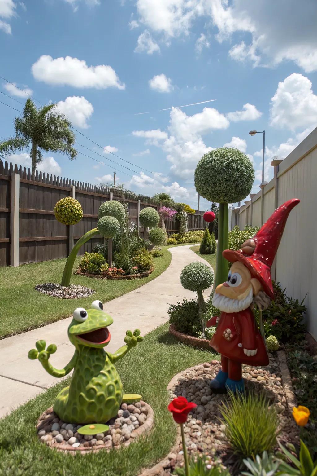 Whimsical elements add personality and charm to your front yard.