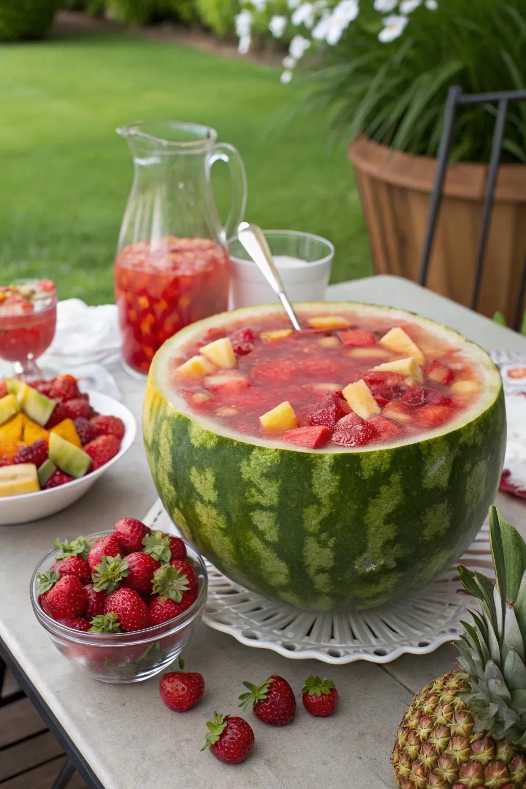 A watermelon punch bowl serves as a dual-purpose centerpiece.