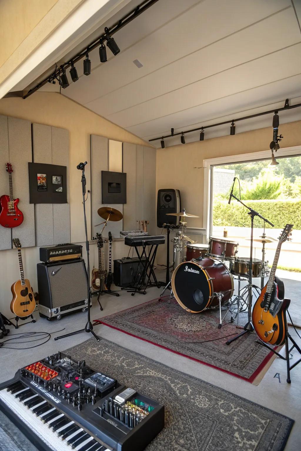 A professional music studio nestled inside a garage.