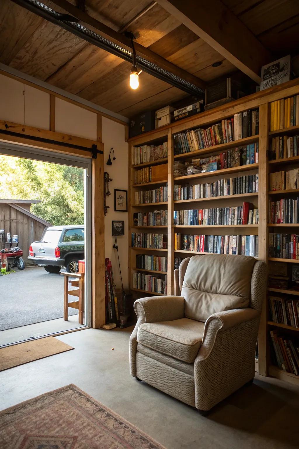 A garage library offers a cozy and inspiring reading nook.