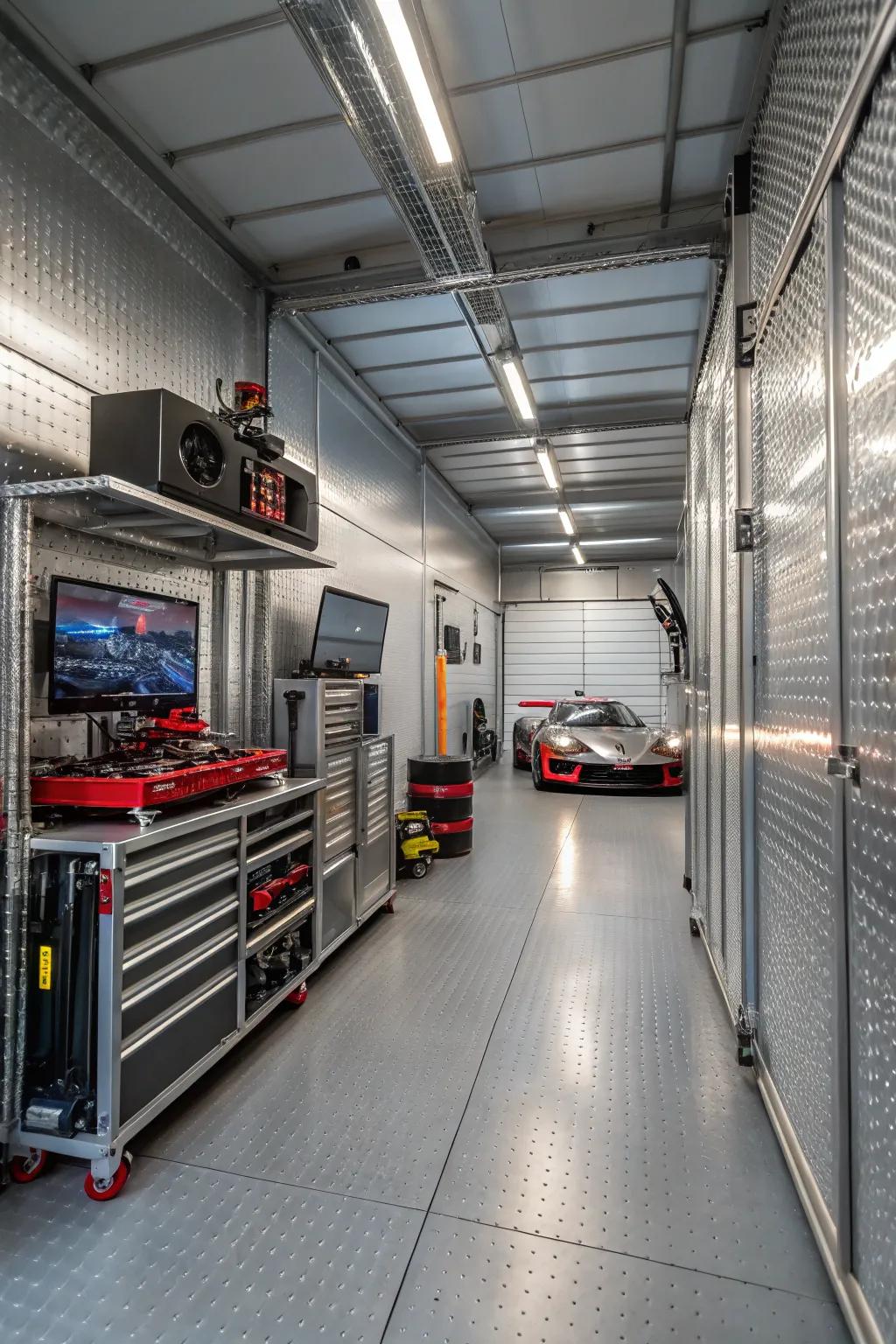 Metallic finishes create a sleek, modern look in your garage.