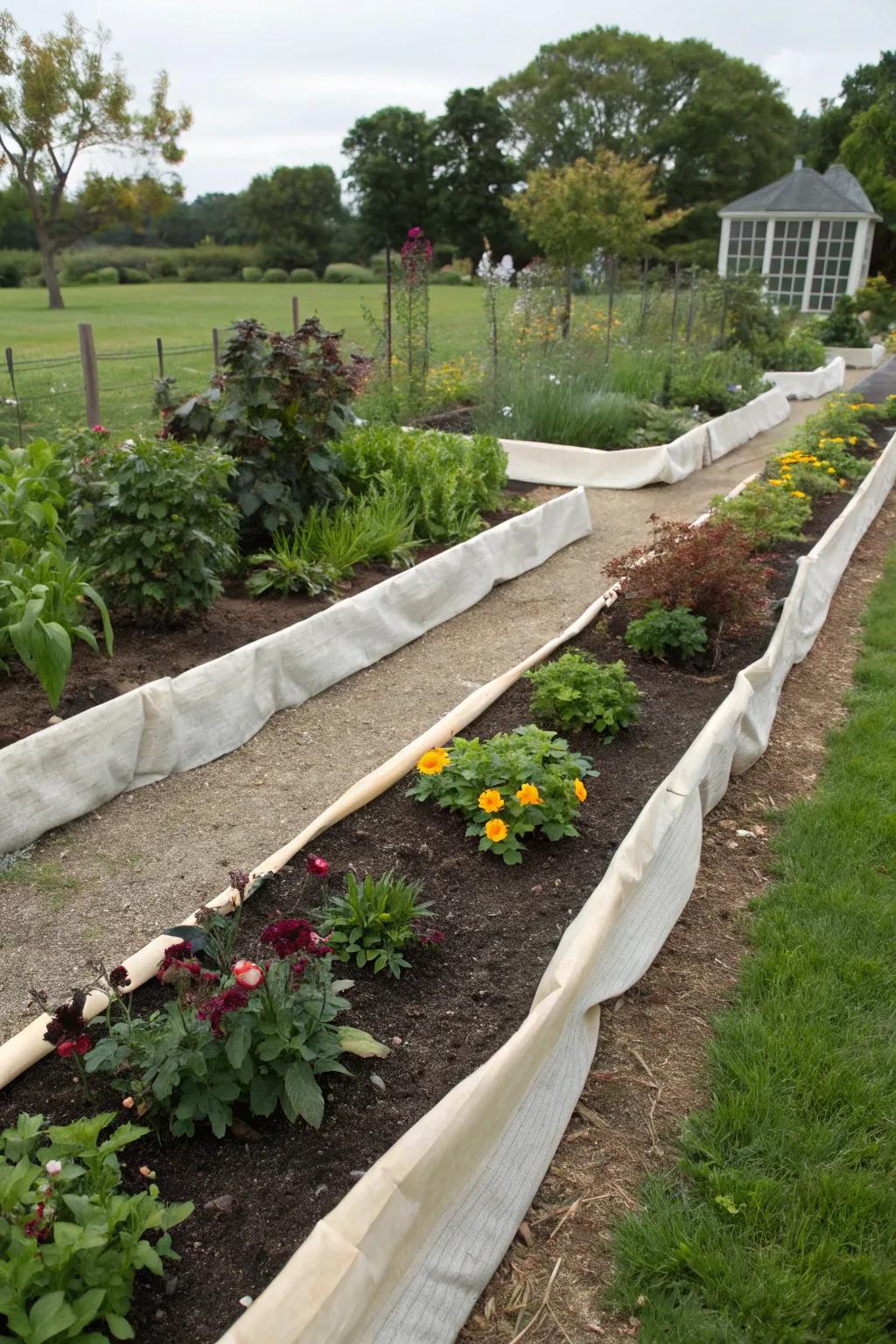 Landscape fabric borders keep garden beds tidy and weed-free.