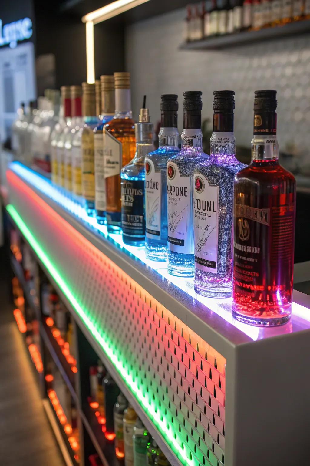 Illuminate your bar with an LED bottle display shelf.