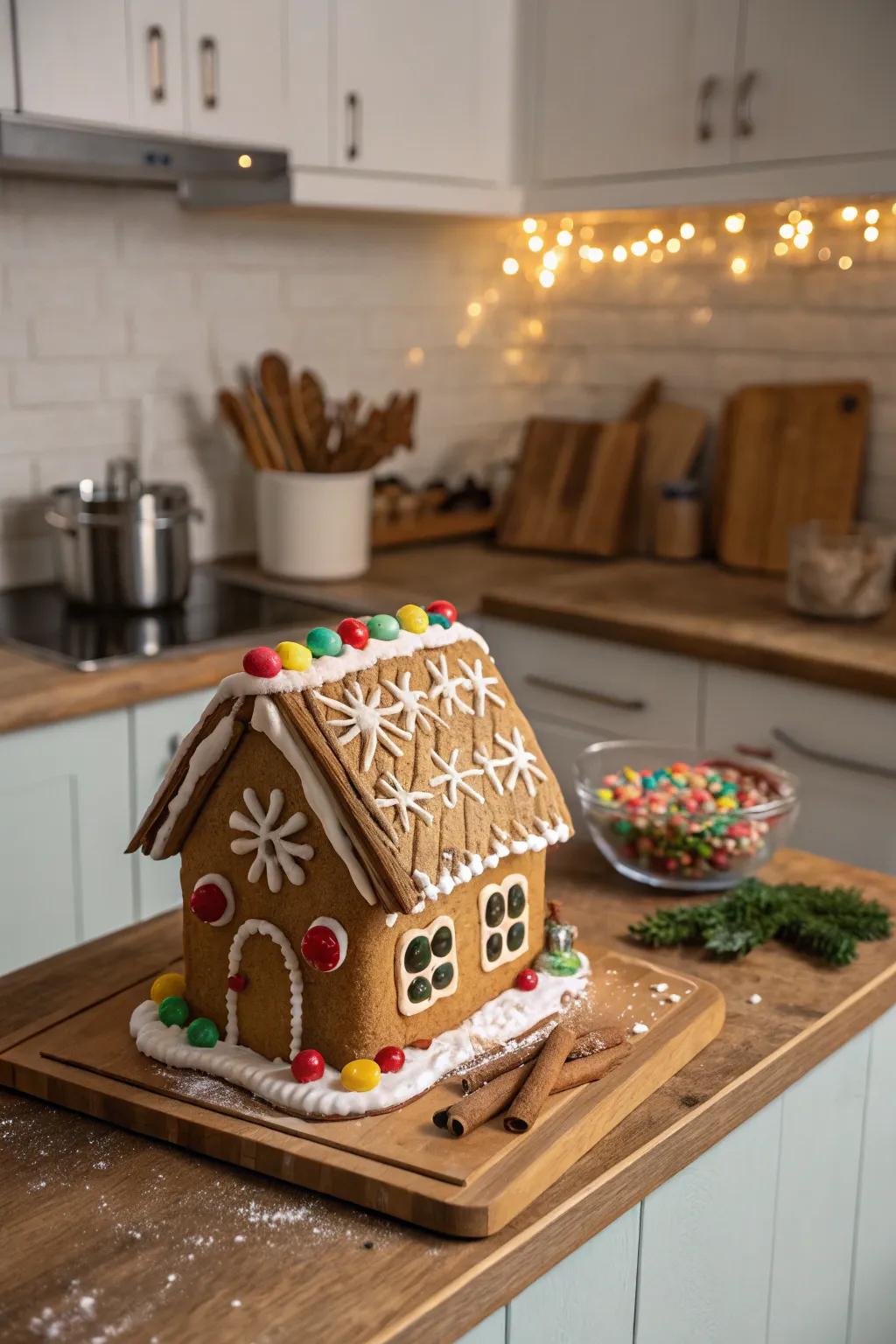 A gingerbread roof with rustic cinnamon sticks.