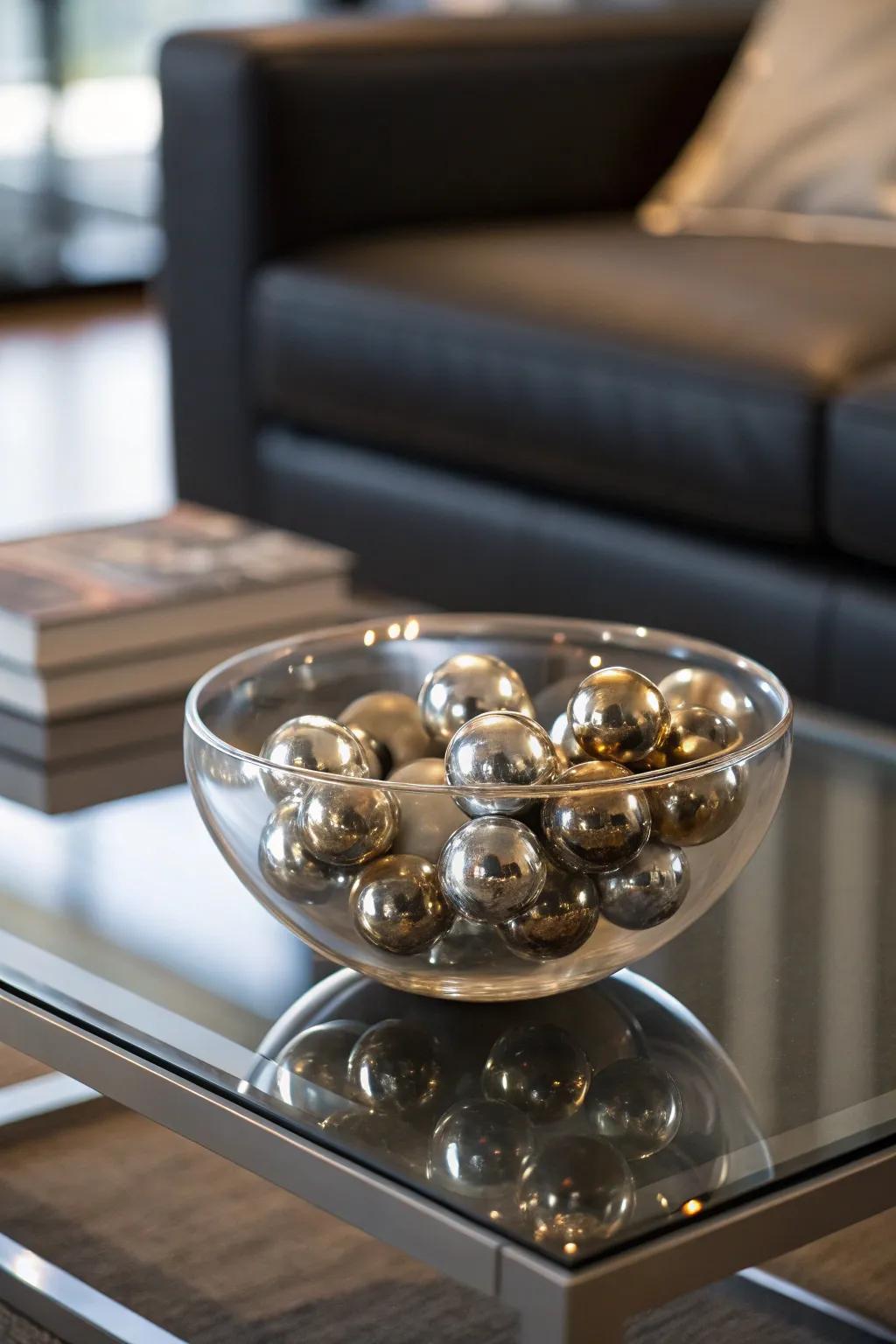 Modern and edgy metallic spheres in a glass bowl.