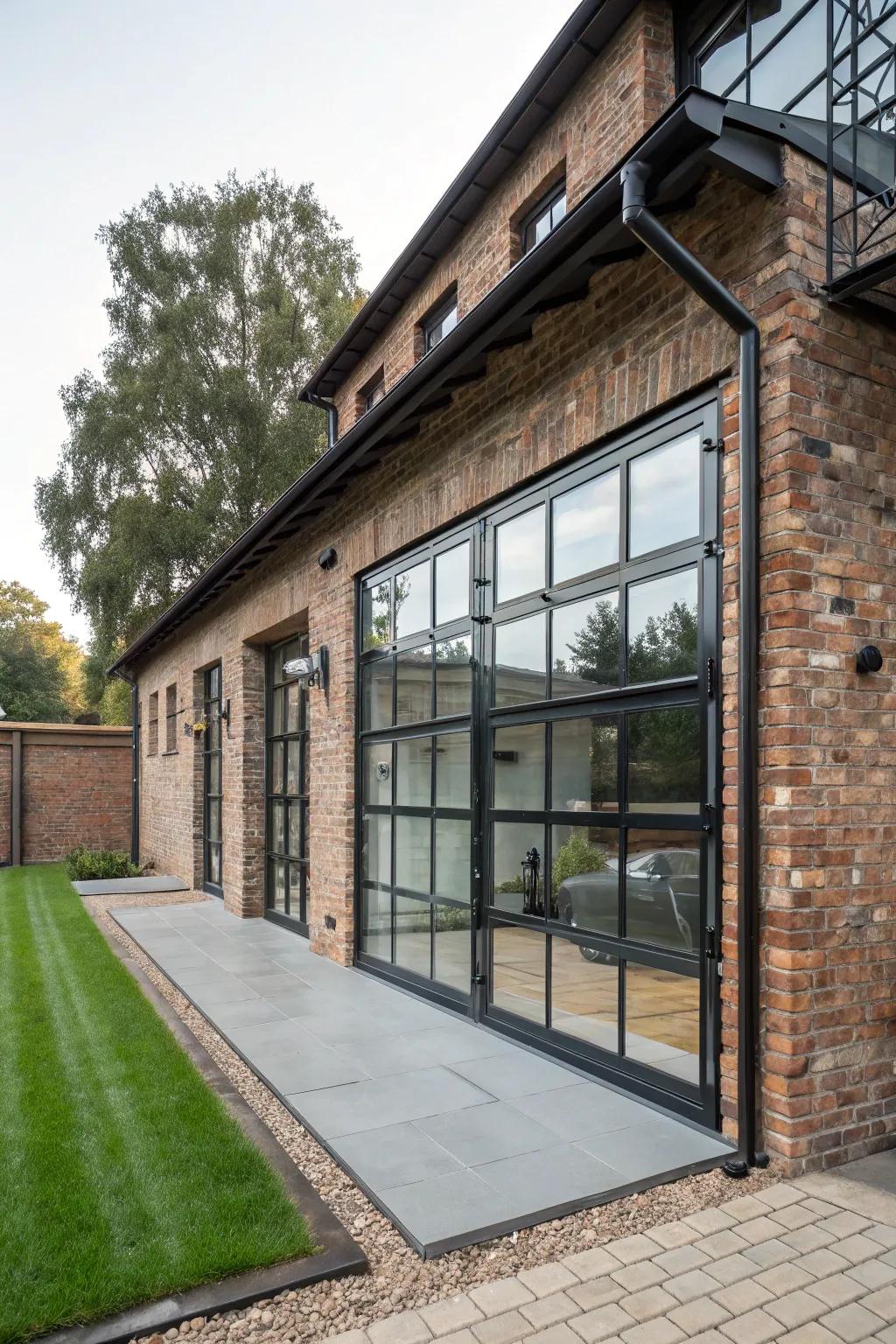 An industrial-style home elevated by a sophisticated glass garage door.