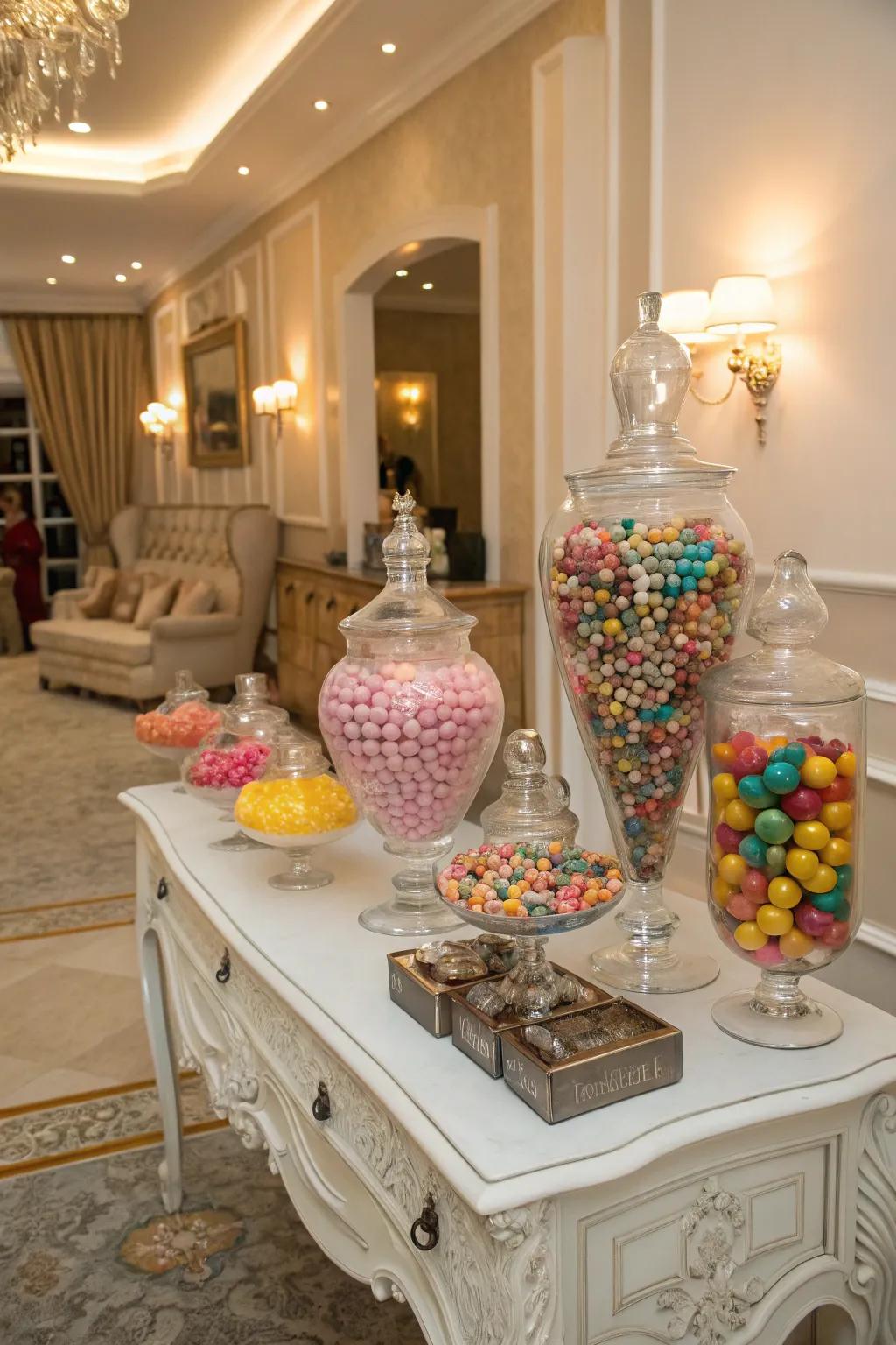 Candy jar centerpieces add height and elegance to your display.