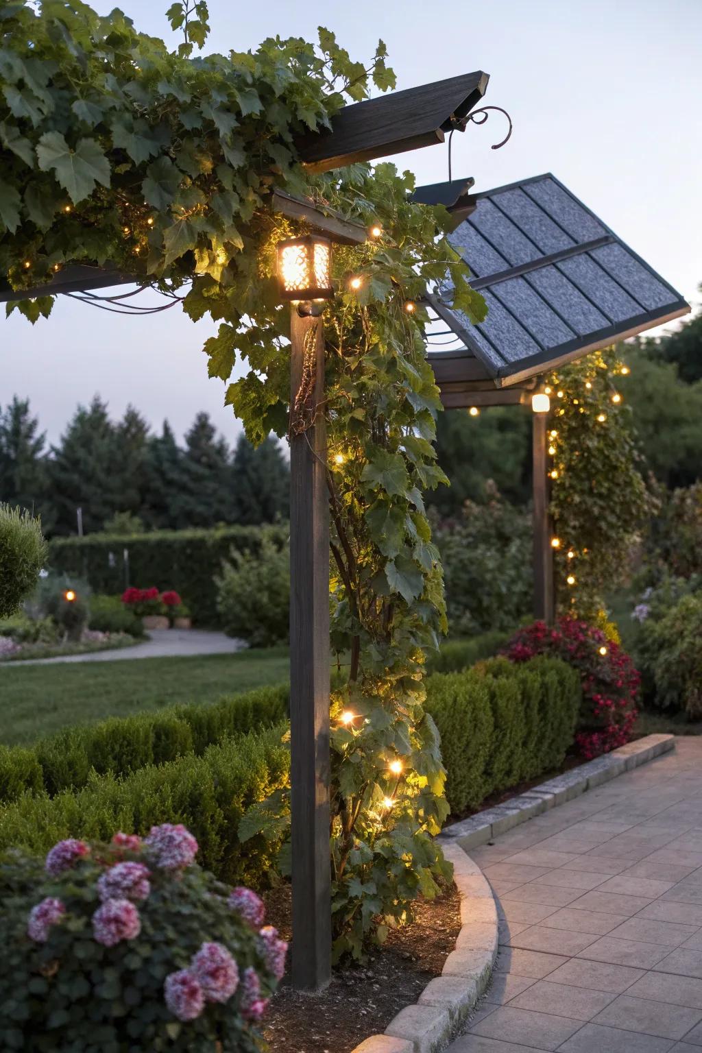 Solar trellises blend technology and nature for an eco-friendly garden solution.