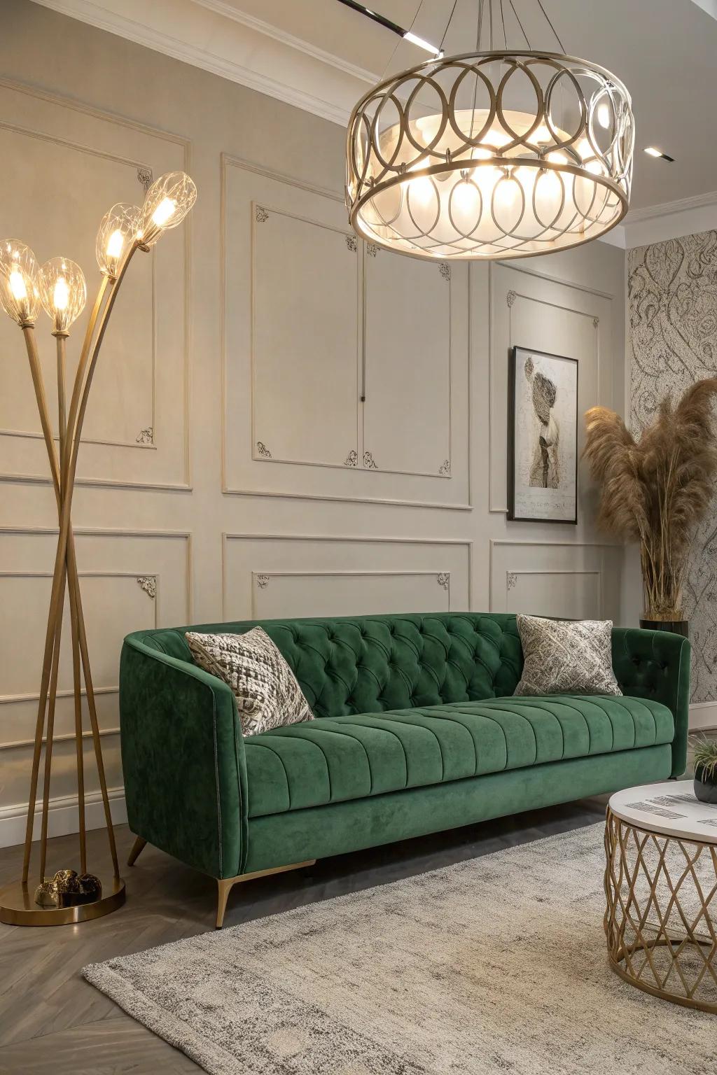 A charming living room with a green velvet couch and unique lighting.