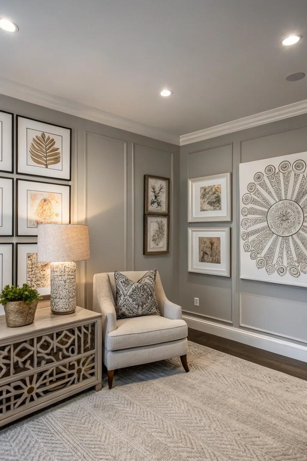 Custom wall art adds a personal touch to this stylish grey room.