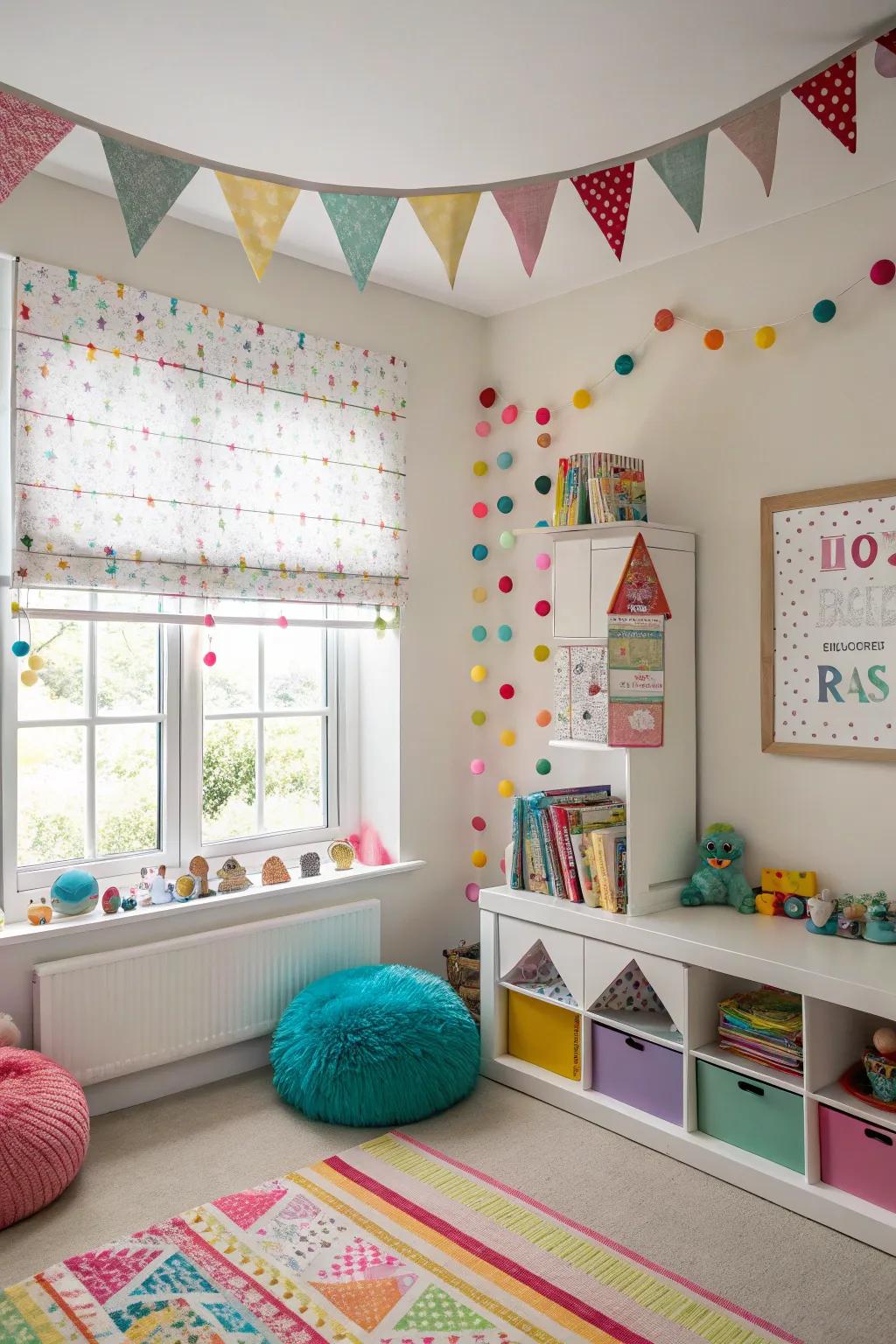 Playful children's room with pom-pom accented blinds.
