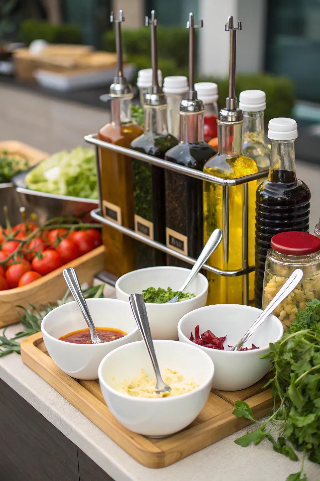 An interactive salad dressing station for personalized flavors.