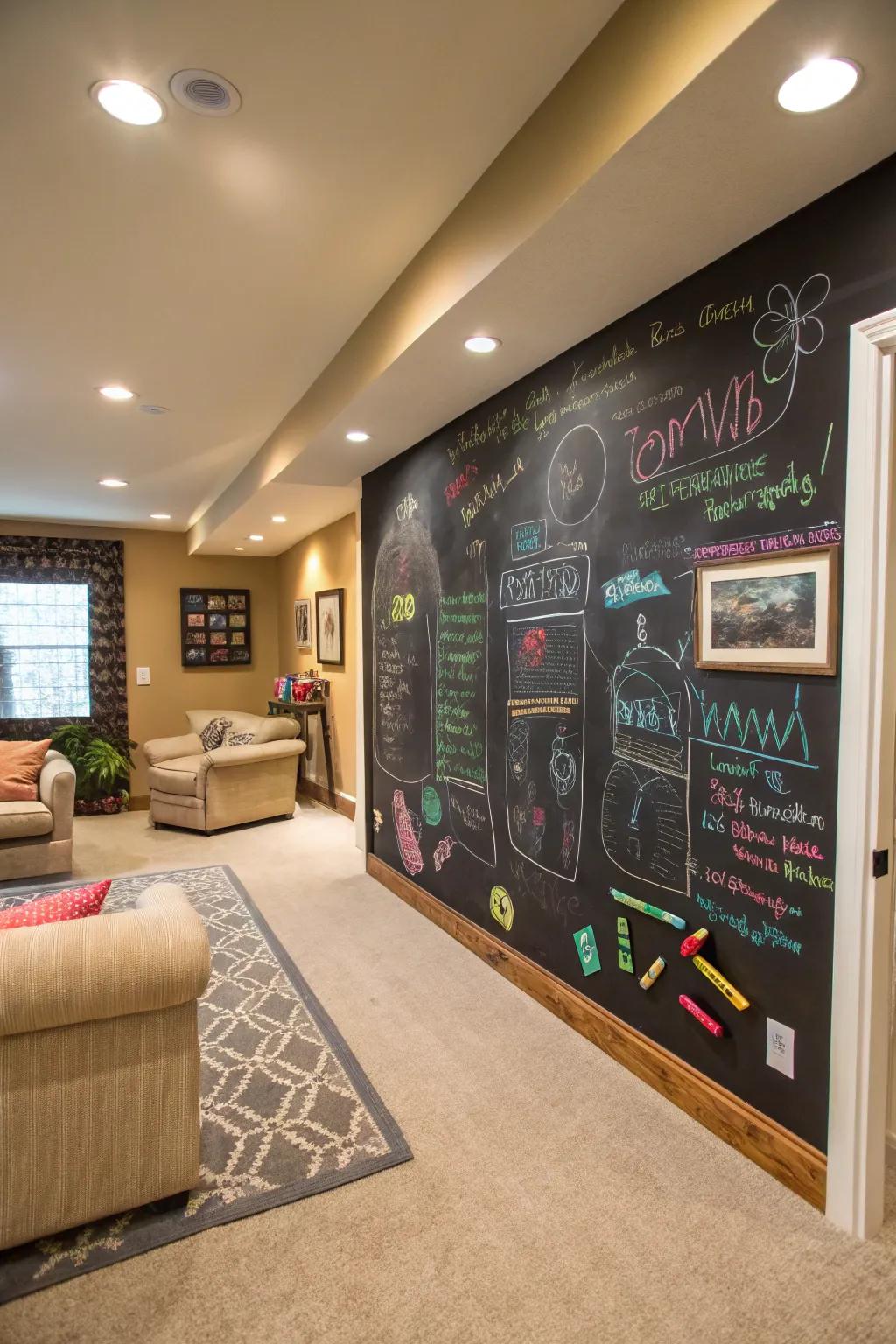 Interactive chalk walls invite creativity and interaction in shared spaces.