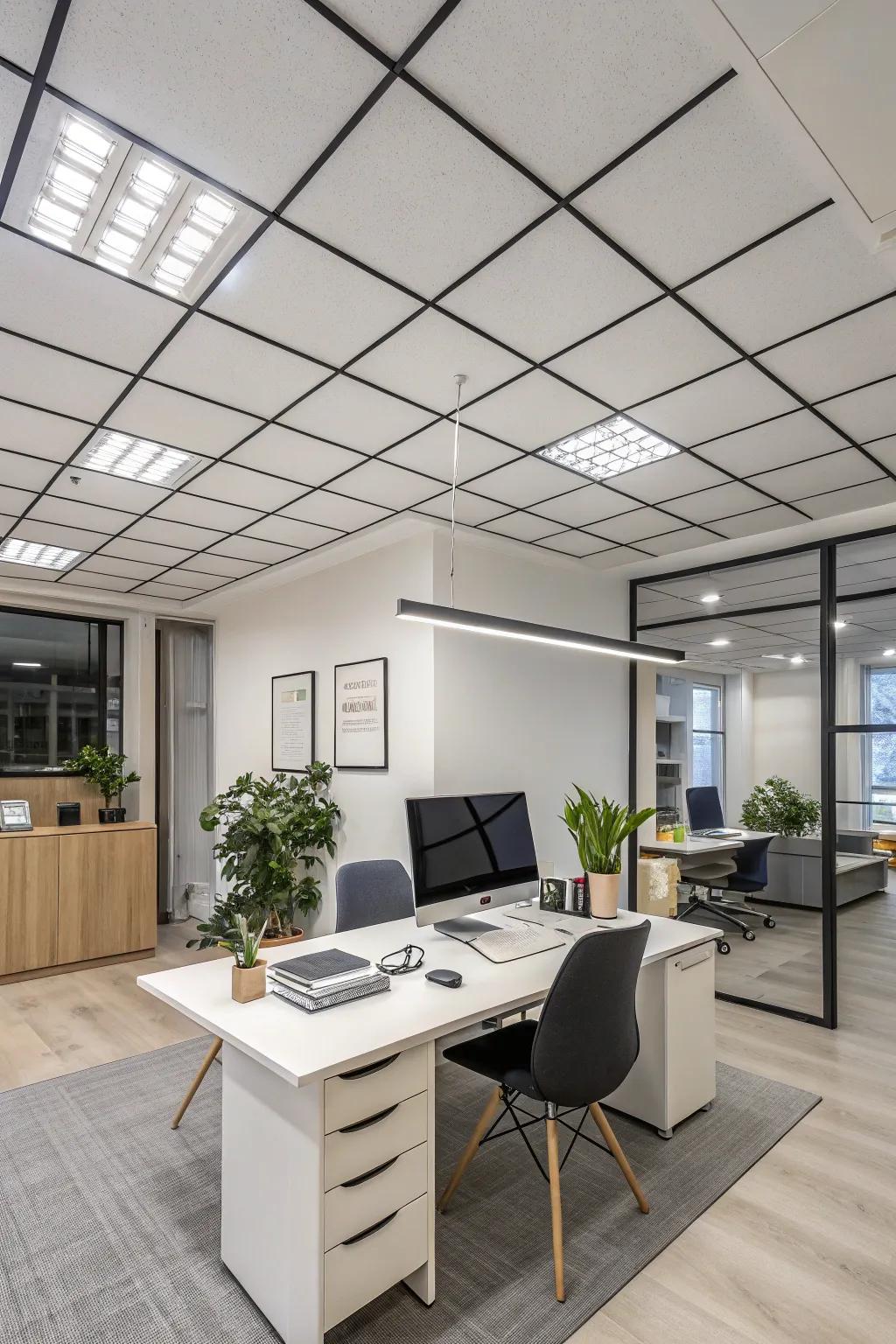 A contemporary home office featuring suspended ceiling panels.