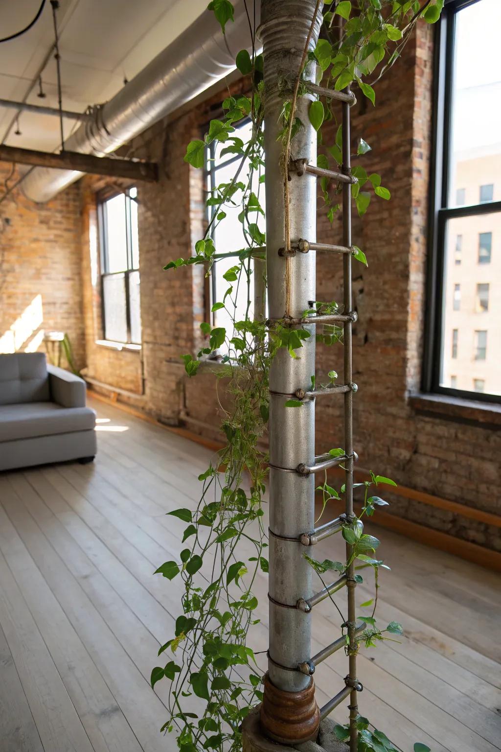 A loft-style living space with a Hoya plant on an industrial pipe trellis.