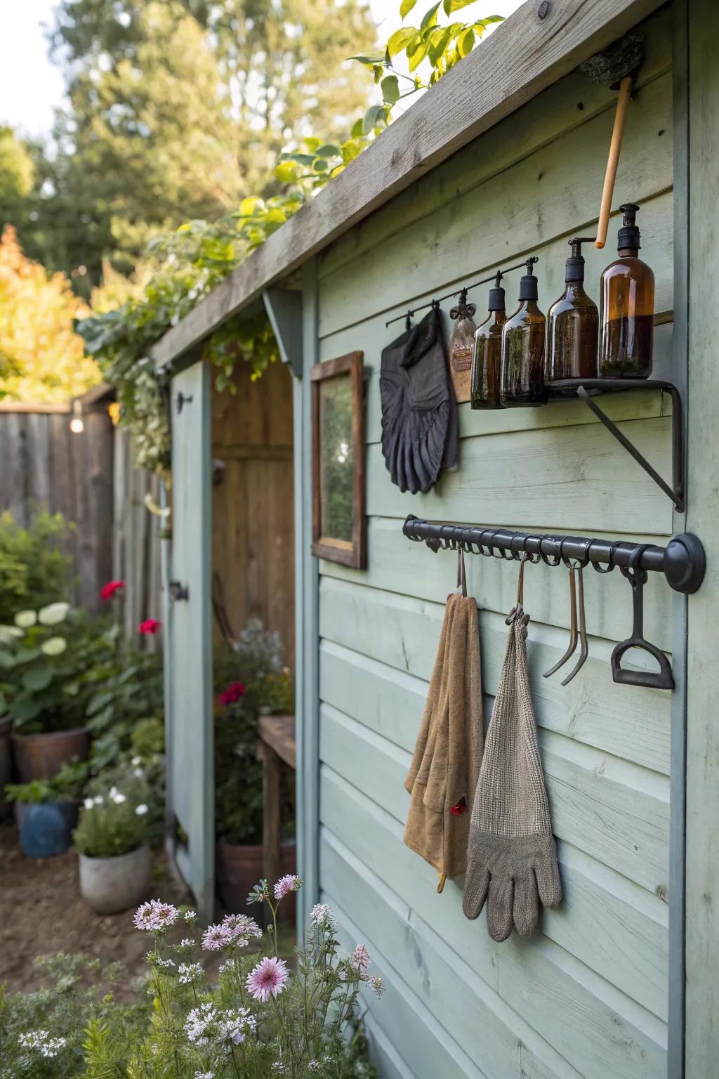 A kitchen rod and hooks make for efficient and organized storage.