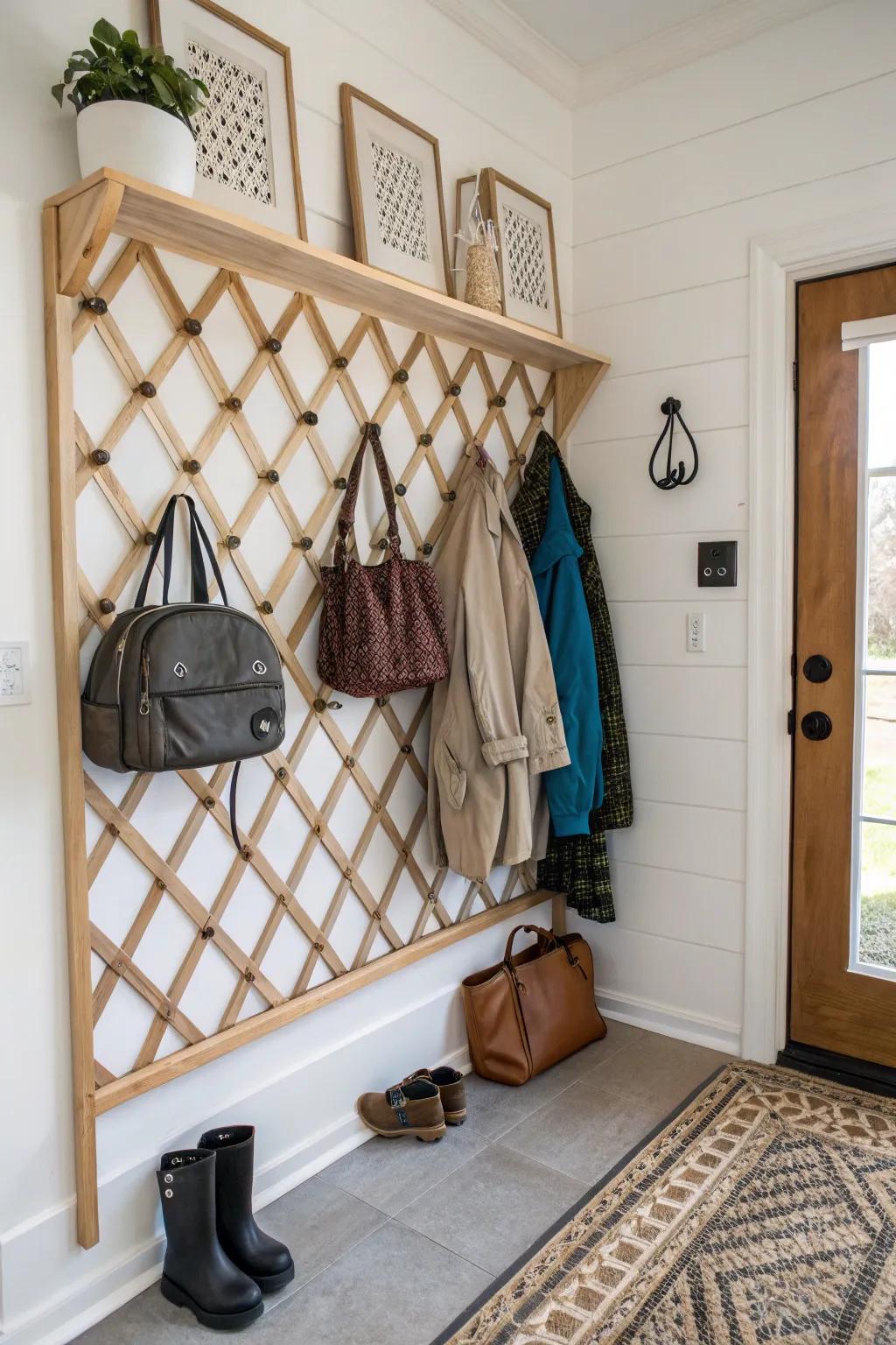 Lattice wall functioning as an entryway organizer, keeping the space tidy.