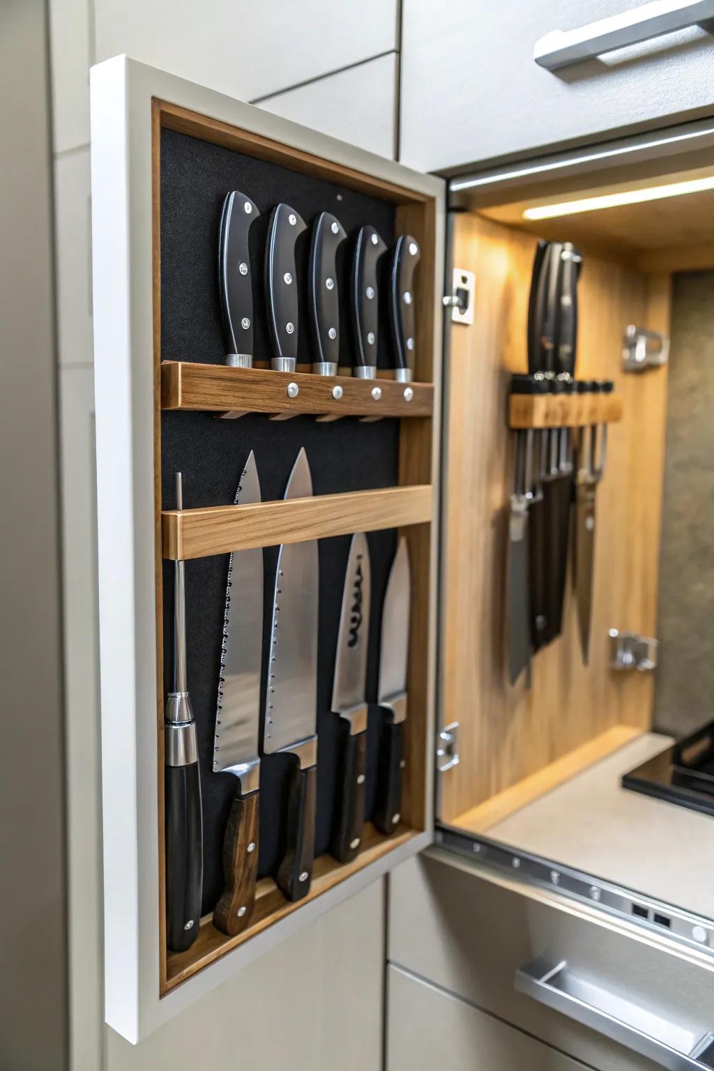 A magnetic knife strip offers a sleek and safe storage solution.