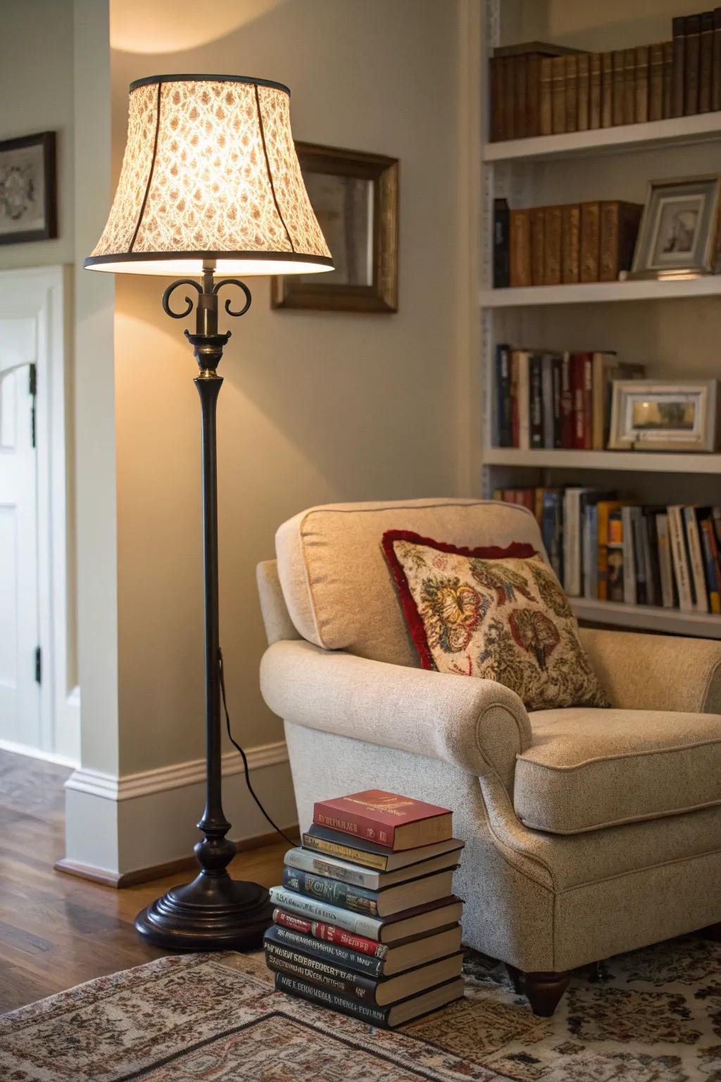 A floor lamp accentuating a cozy reading nook in a living room.