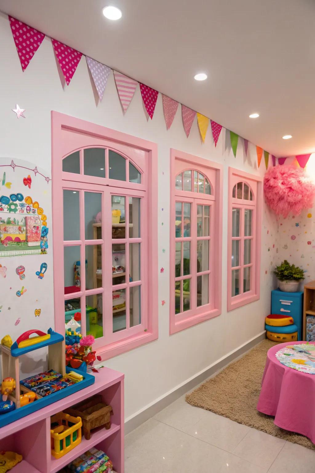 Pink trims add a playful and cheerful touch.