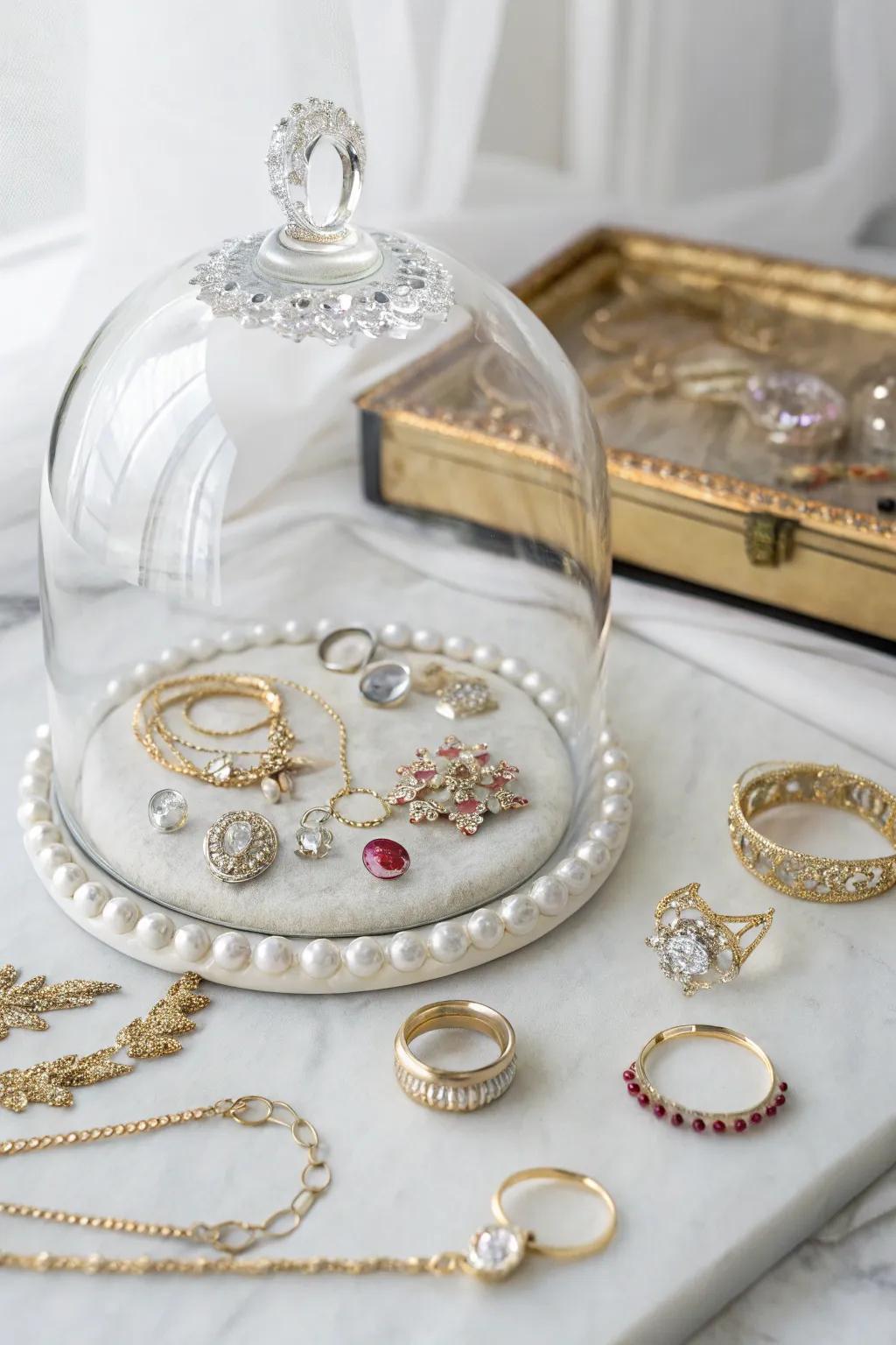 Museum-style glass dome jewelry display