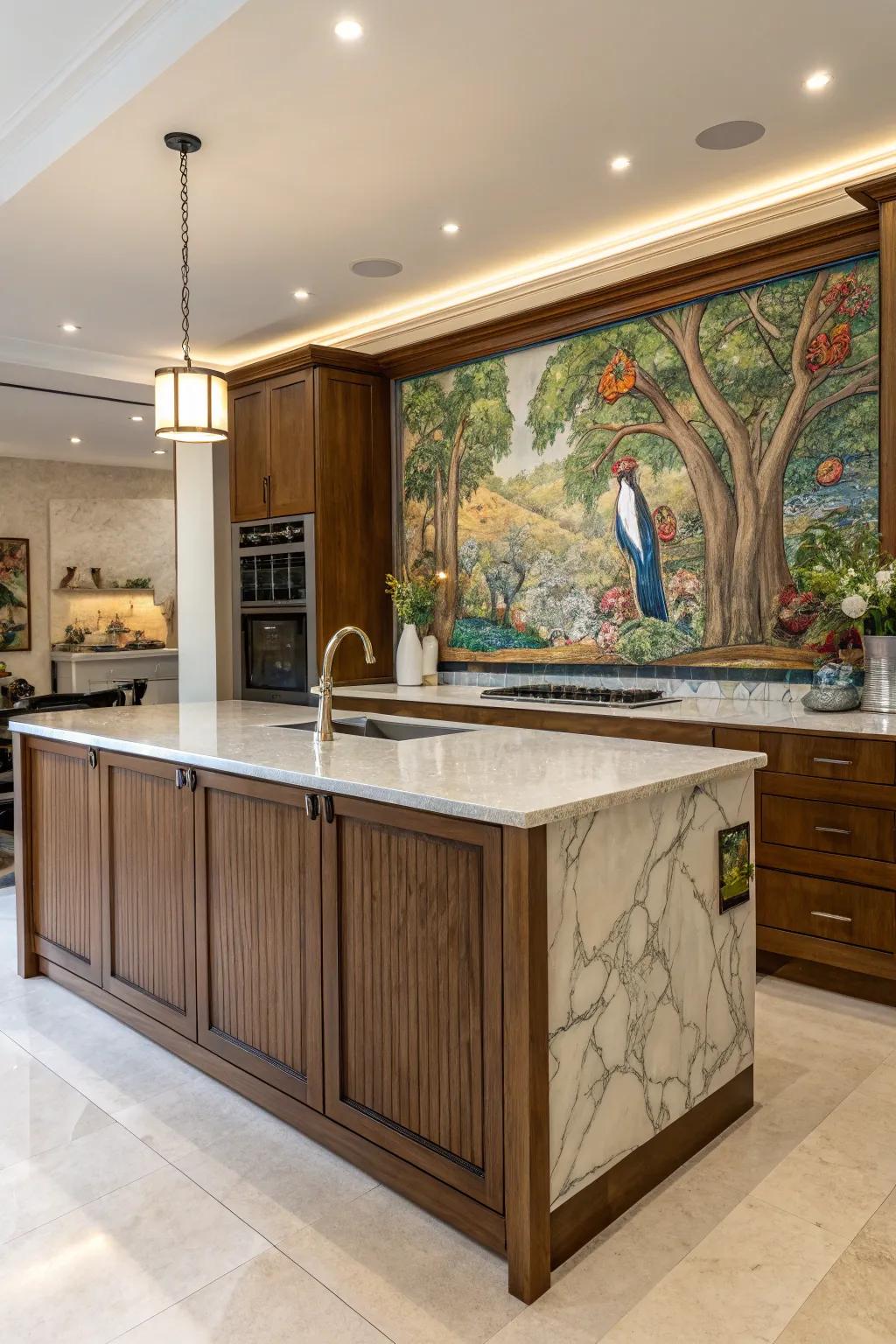 An artistic mural transforms this kitchen island into a stunning gallery piece, blending art with function.