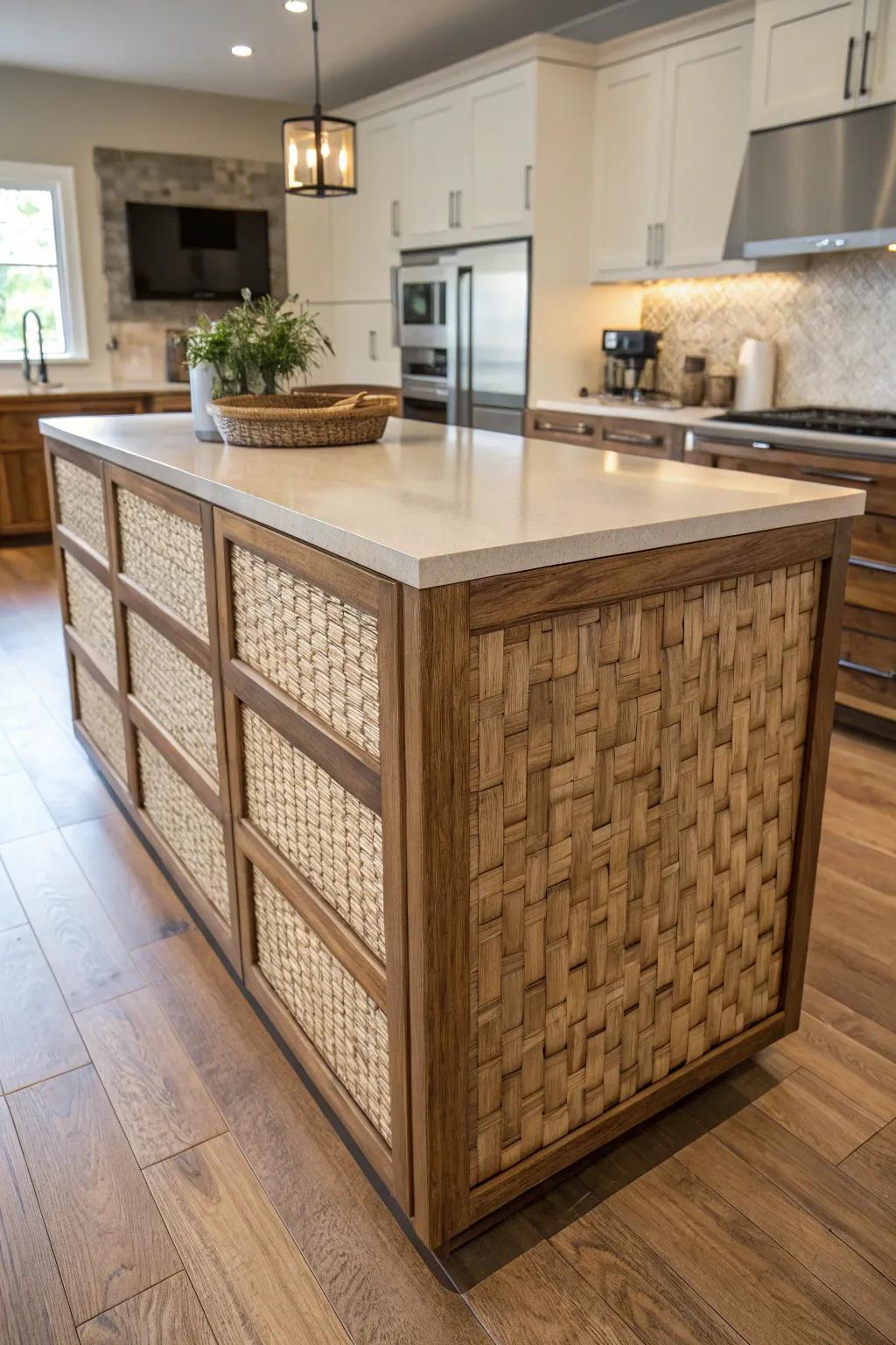 Woven textures bring an exotic and warm feel to your kitchen island.