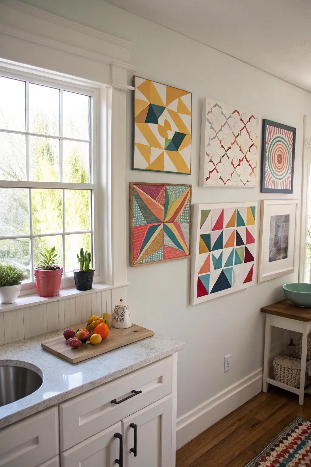 A kitchen wall featuring modern geometric art for a sophisticated look.