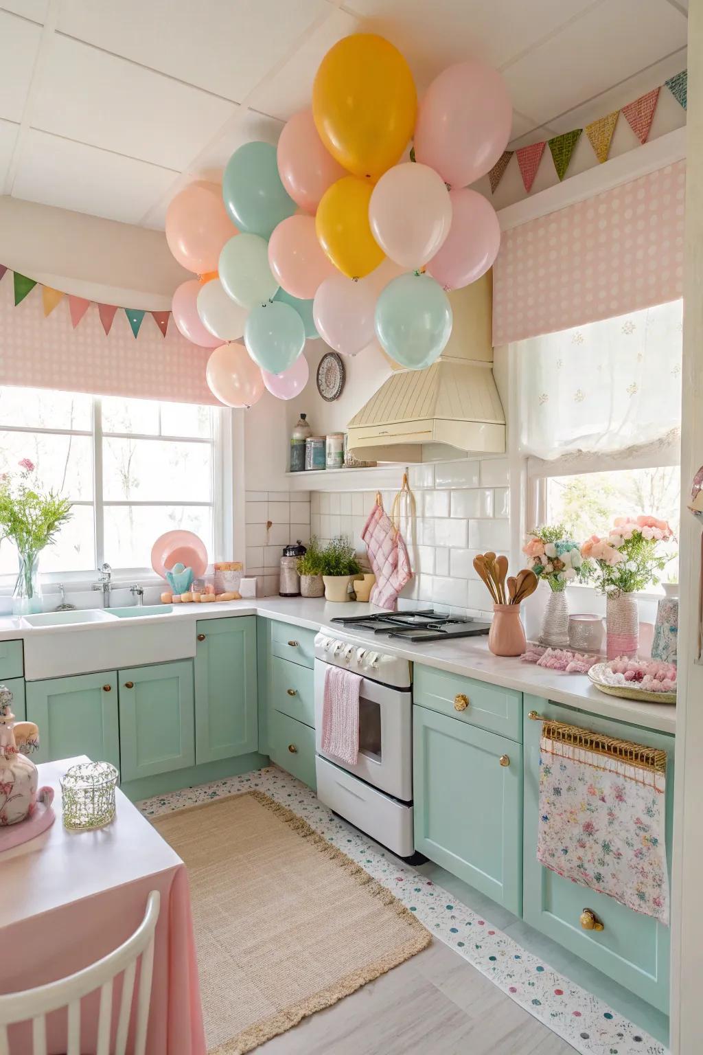 Balloon shades add a whimsical touch to kitchen decor.