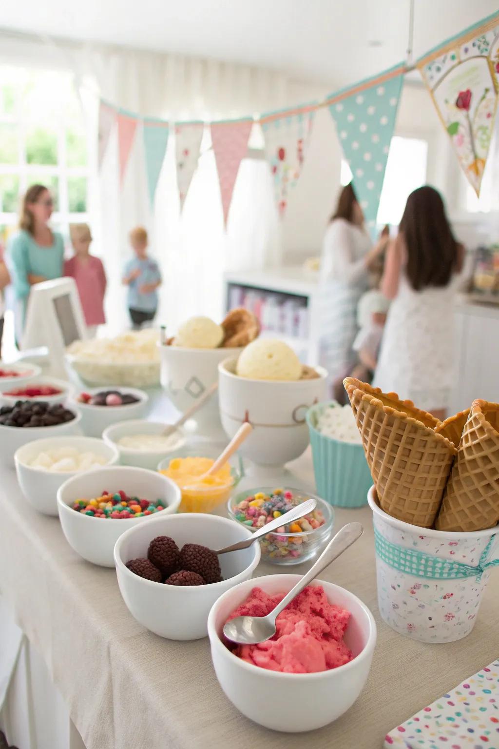 A fun DIY ice cream bar invites guests to create their own sweet treat.