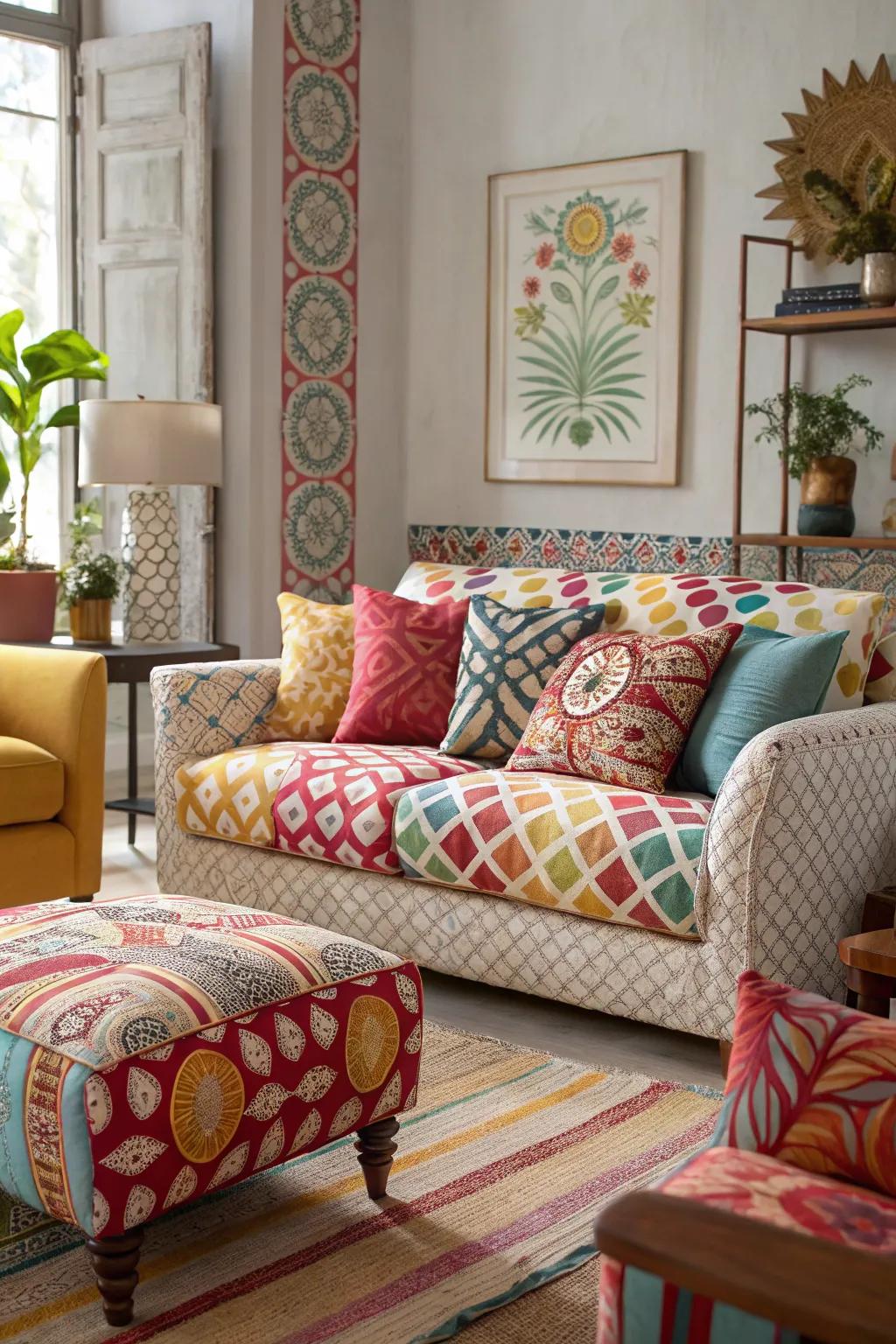 Multiple patterns adding visual interest to the living room.