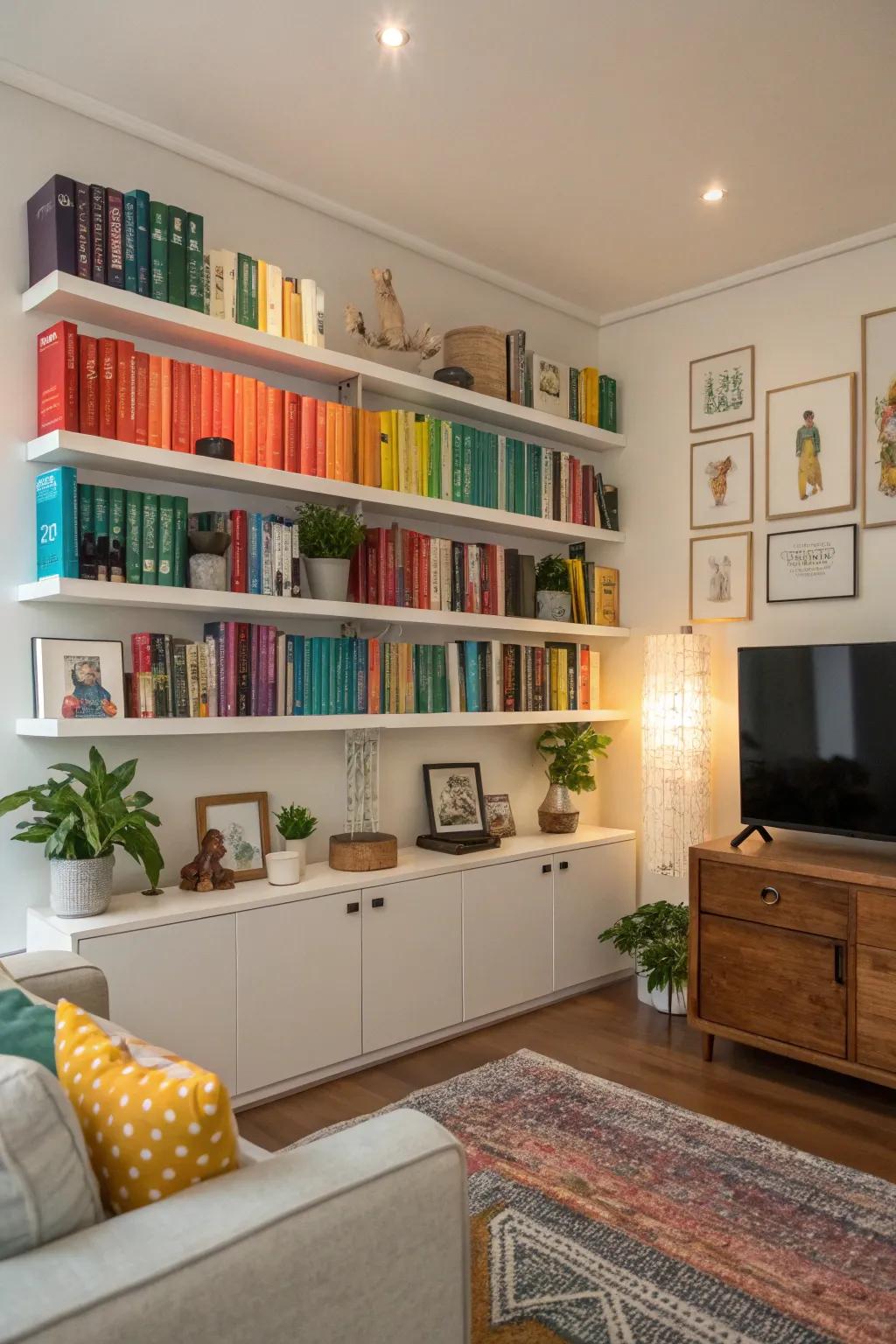 Shelves creating a striking accent wall.