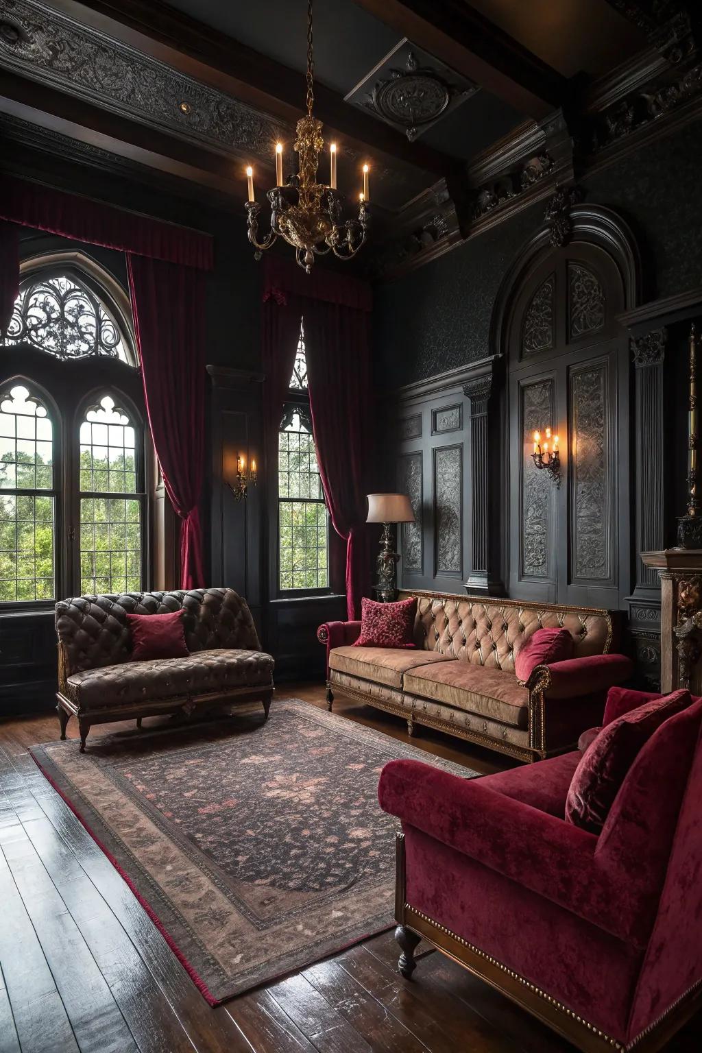 Gothic style adds drama and intrigue to dark wood floors.