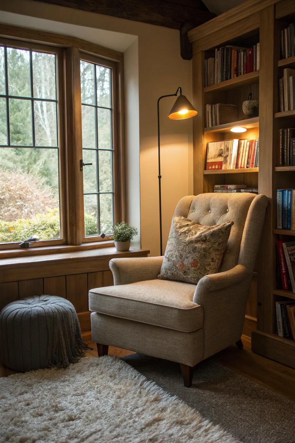 A cozy reading nook provides a quiet retreat within the den.