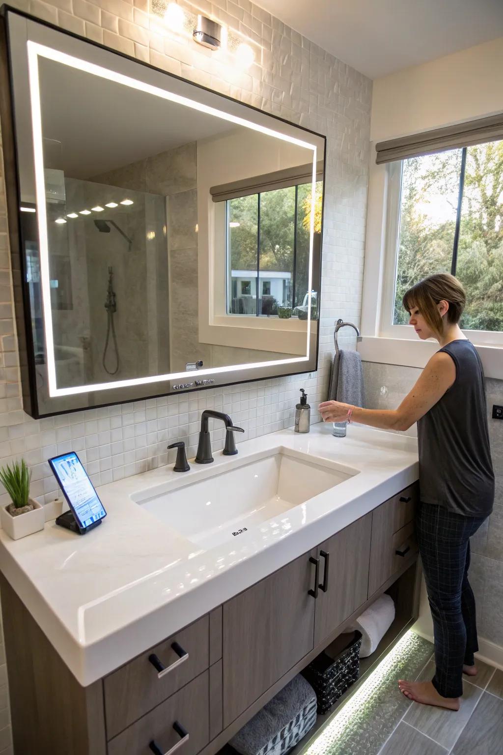 A bathroom vanity featuring integrated smart technology for enhanced functionality.