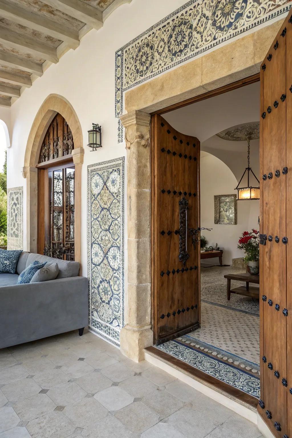 Modern and traditional elements blend seamlessly in a Mediterranean entryway.