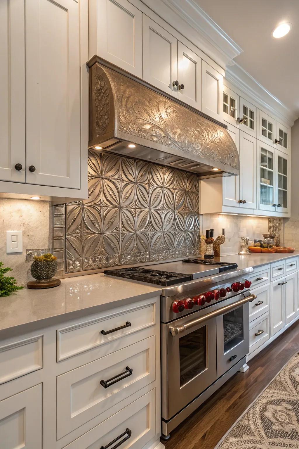A kitchen featuring a custom artistic design metal backsplash.